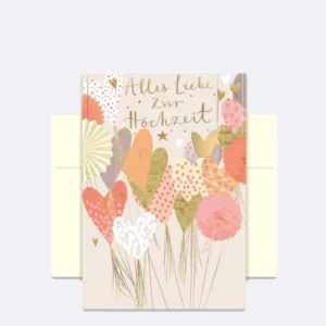 Doppelkarte mit buntem Herzmotiv und Schriftzug "Alles Liebe zur Hochzeit"