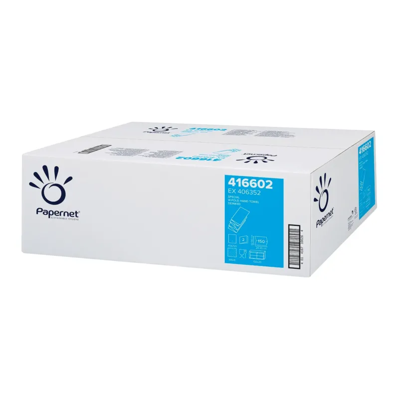 Ein großer weißer Karton mit dem Logo der Sofidel Germany GmbH und der Produktnummer 416602 dient zum Transport von Papernet Papierhandtüchern. Der Karton enthält Abbildungen mit detaillierten Produktinformationen, die die Wirksamkeit des Produkts beim effizienten Händetrocknen unter Berücksichtigung der Umweltauswirkungen hervorheben.