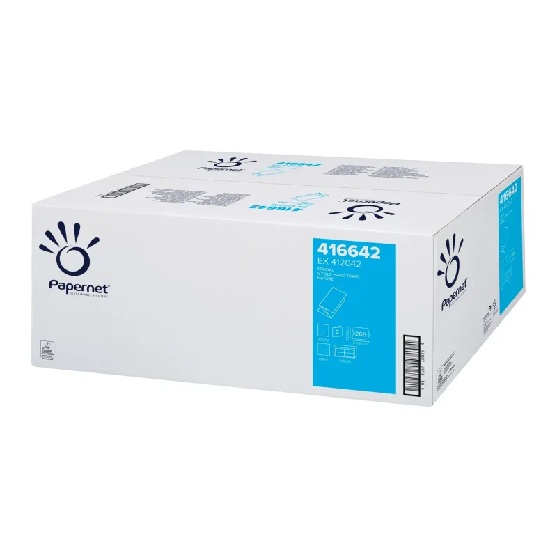 Eine große rechteckige Schachtel von Sofidel Germany GmbH mit dem Papernet-Logo und blauen Akzenten enthält hochwertige 2-lagige V-Falz-Papierhandtücher. Sie trägt die Nummer 416642, enthält gefaltete Tücher und ist mit dem EU-Umweltzeichen zertifiziert. Auf den Seiten der Verpackung sind Bilder und Produktdetails zu sehen.