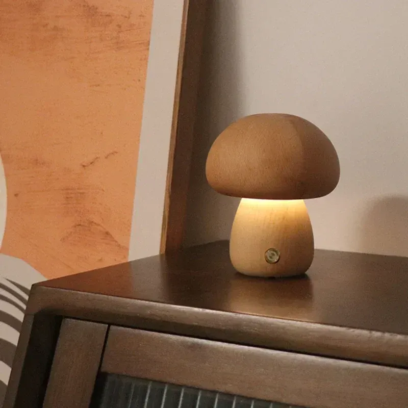 Touch Switch Wooden Mushroom LED Night Lamp - Image 0