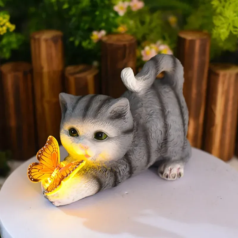 Butterfly Catcher Cat Resin Decorative Lamp - Image 0