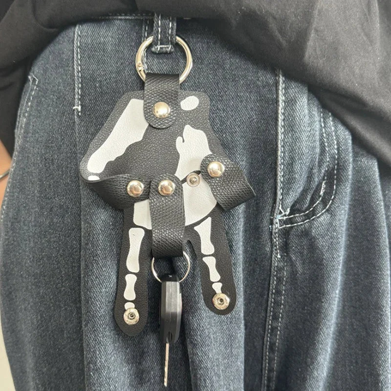 Gothic Skeleton Hand Leather Belt Clip Keychain - Image 0