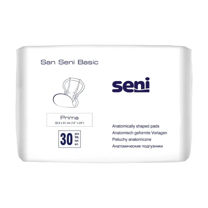 Die Verpackung der San Seni Classic Prima Inkontinenzvorlage der TZMO Deutschland GmbH zeigt das Markenlogo und den Produktnamen. Sie kennzeichnet anatomisch geformte Einlagen bei Blasenschwäche, misst 32,5 x 61 cm, bietet zuverlässigen Auslaufschutz und enthält 30 Stück.