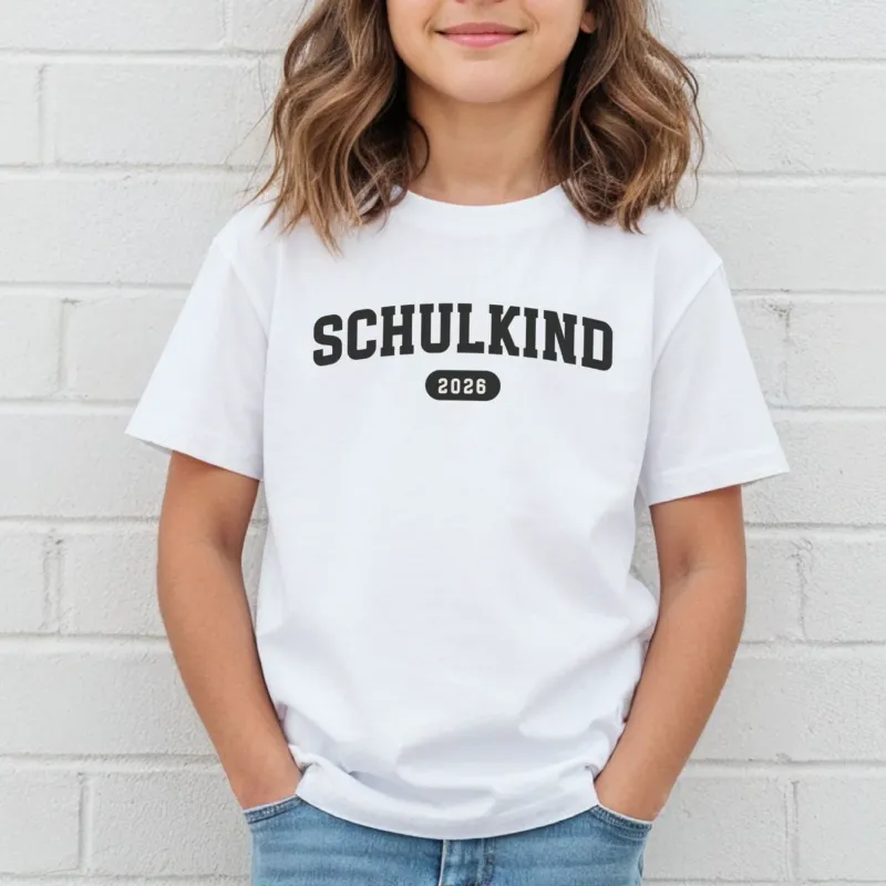 „SCHULKIND“ T-Shirt (weiß/schwarz), mit Jahr der Einschulung