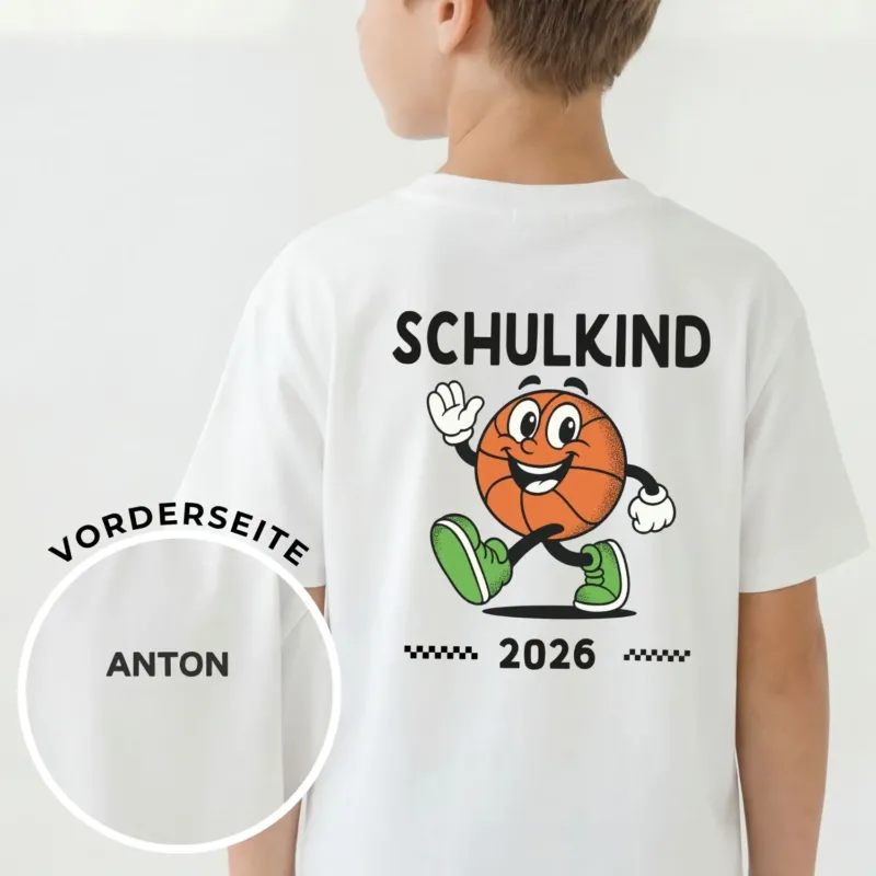 Schulkind T-Shirt (Junge) mit Name und Jahr (+ Basketball-Grafik im Comic-Style)