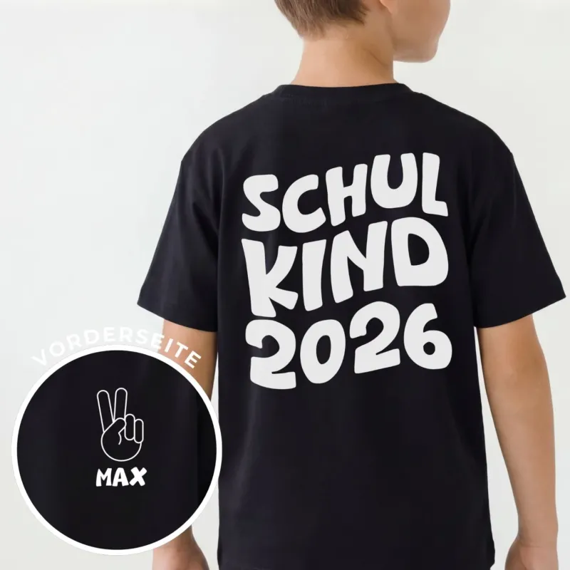 Schulkind T-Shirt mit großen modernen Rückenaufdruck "SCHULKIND" + Jahresangabe; Front mit Name + ✌