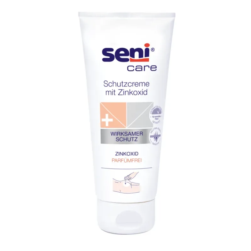 Eine weiße Tube der TZMO Deutschland GmbH mit der Aufschrift „Seni Schutzcreme mit Zinkoxid“ punktet mit Eigenschaften wie wirksamer Schutzwirkung, Zinkoxid-Gehalt und einer parfümfreien Formel, die sie ideal zur Hautpflege macht.