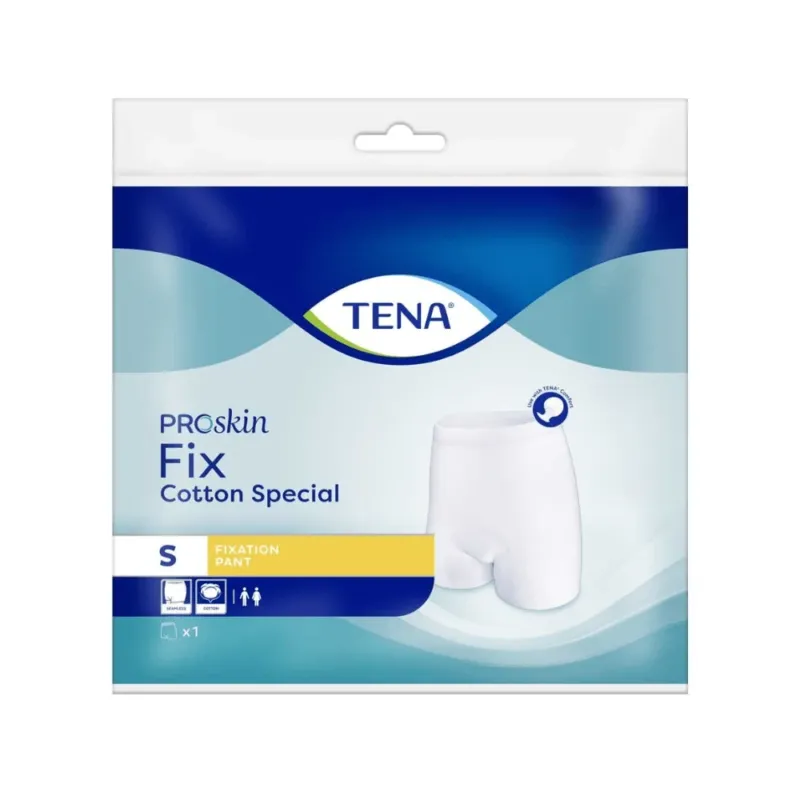 Die Verpackung der TENA Fix Cotton Spezial Fixierhose, Größe S, ist mit einem weißen Bild der Fixierhose und Unisex-Symbolen versehen. Sie ist überwiegend blau-weiß gestaltet und trägt das TENA-Logo der Essity Deutschland GmbH prominent am oberen Rand. Damit eignet sie sich ideal zur bequemen Fixierung von Inkontinenzeinlagen.
