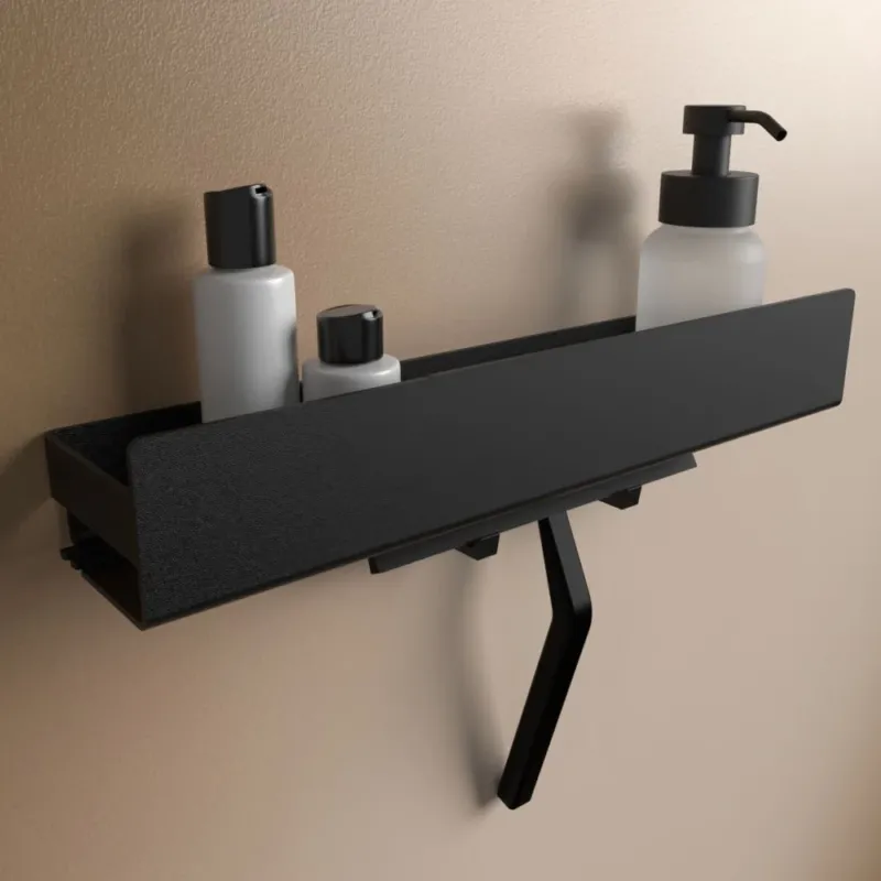 Anzeige_Render Designfabrik Hamburg Duschablage ohne Bohren Badregal Wandmontage selbstklebend schwarz 42cm