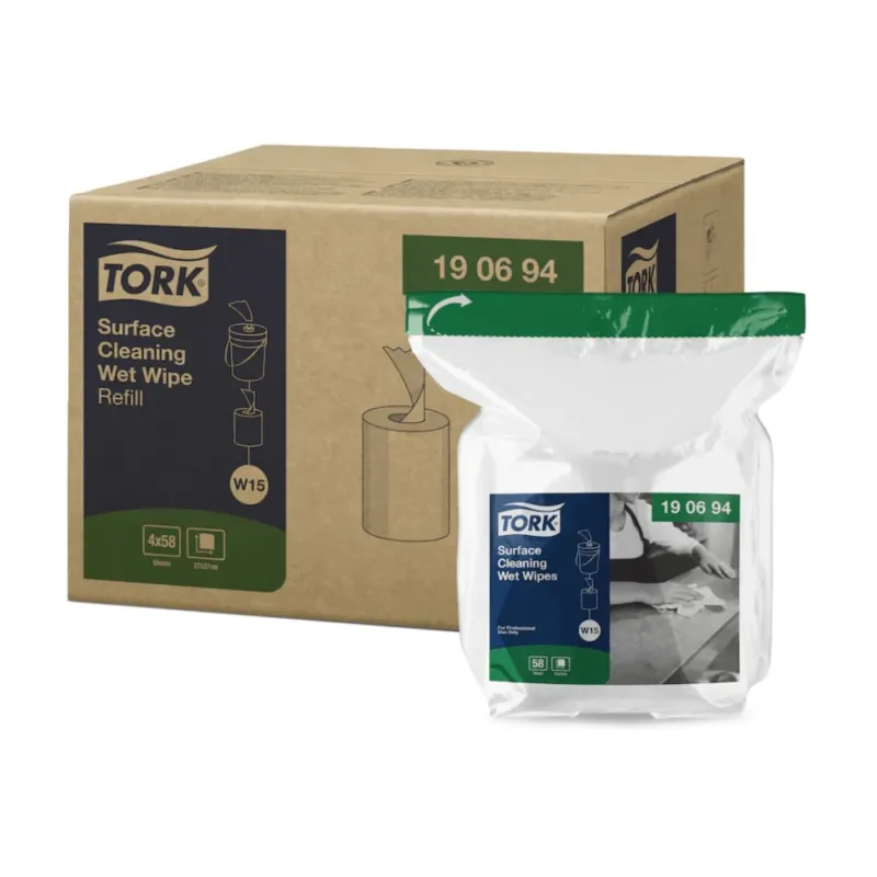 Verpackung für Tork 190694 Nachfüllmaterial für feuchte Oberflächenreinigungstücher Premium W15 1-lagig. Eine Pappschachtel mit dem Tork-Logo und Produktdetails wird zusammen mit einer durchsichtigen Plastikverpackung mit den Feuchttüchern geliefert, ideal für eine effiziente Reinigung. Das Bild enthält auch eine Abbildung des verwendeten Produkts.