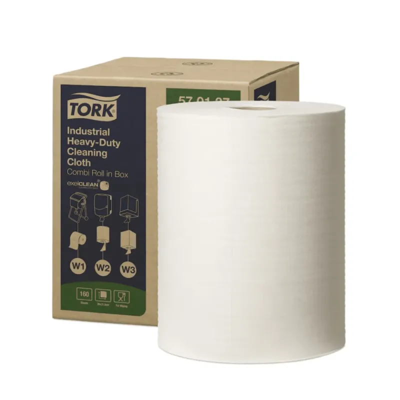 Eine große Rolle Tork 570137 Extra Starke Industrie Reinigungstücher W1 W2 W3 1-lagig, ideal für Entfettungsarbeiten, steht vor ihrer Kartonverpackung. Die Schachtel von TORK – Essity Professional Hygiene Germany GmbH zeigt Abbildungen und Etiketten, die die vielseitige Verwendung dieser wiederverwendbaren Reinigungstücher hervorheben.