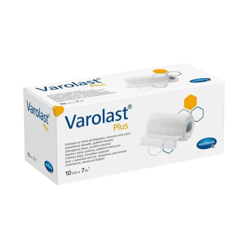 Das Bild zeigt eine Packung Hartmann Varolast® Plus Zinkleimbinde, die einen 10 cm x 7 m großen Zinkleimverband enthält. Die Verpackung enthält Produktabbildungen, sechseckige Grafiken, das Logo der Paul Hartmann AG und mehrsprachige Beschreibungen. Sie ist für Erkrankungen wie Ödeme und Phlebitiden konzipiert.