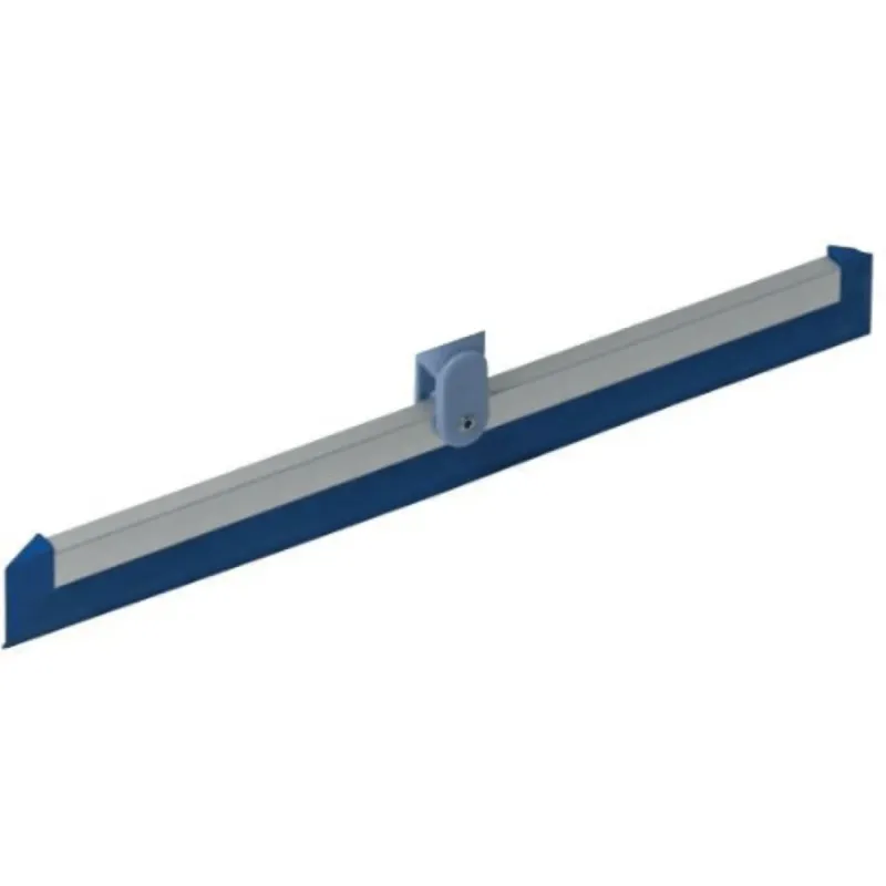Eine Vileda Professional 35 cm Kehrwischer-Ersatzlippe, präsentiert vor einem schlichten weißen Hintergrund, verfügt über ein blau-graues Design mit einer Griffhalterung aus Metall und einer langen, geraden Gummilippe aus hygienisch waschbar Materialien für eine effektive Oberflächenreinigung.