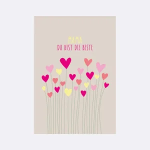 Postkarte mit Herzblumen in Pink und Gelb und Schriftzug "MAMA DU BIST DIE BESTE"