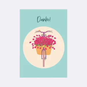 Postkarte mit Lastenrad und roten Tulpen im Korb auf mintfarbenem Hintergrund mit Schriftzug "Danke"