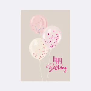 Postkarte mit drei Luftballons und bunten Sternen mit Schriftzug "Happy Birthday"