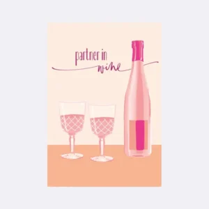 Postkarte mit Weinetikett und dem Schriftzug "partner in wine sowie zwei Gläsern"