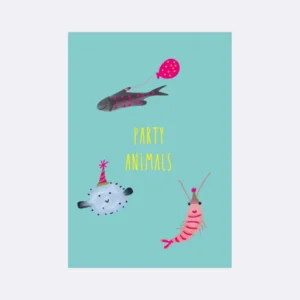 Postkarte mit bunten Party-Tieren und dem Schriftzug "PARTY ANIMALS"