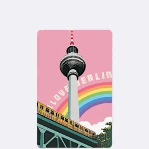 Mini Postkarte mit Fernsehturm und Regenbogen auf rosa Hintergrund mit Schriftzug "LOVE BERLIN"