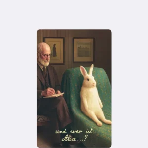 Postkarte mit Bild eines Mannes und Hasen auf Sessel und Schriftzug "und wer ist Alice"