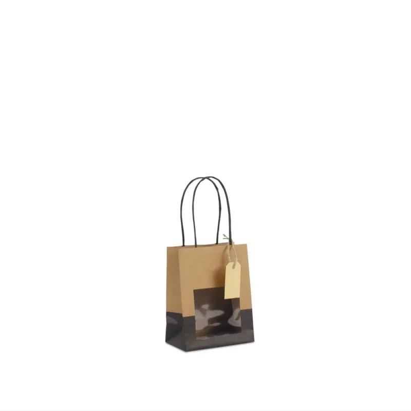 Gift bags with window and tag 11,5+6,4x14,5cm kraft/black (100 pcs)