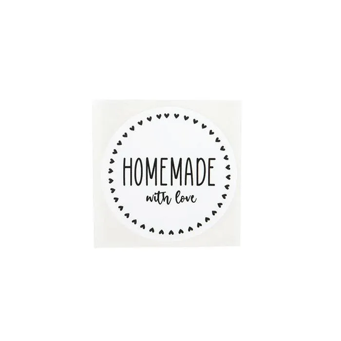 Stickers Round Homemade w/ Love (White w/ Black Text) 5,1 cm (1 Sheet)