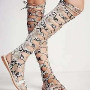 Snake Leather Strappy Cut-out Gladiator Boots - Image 0